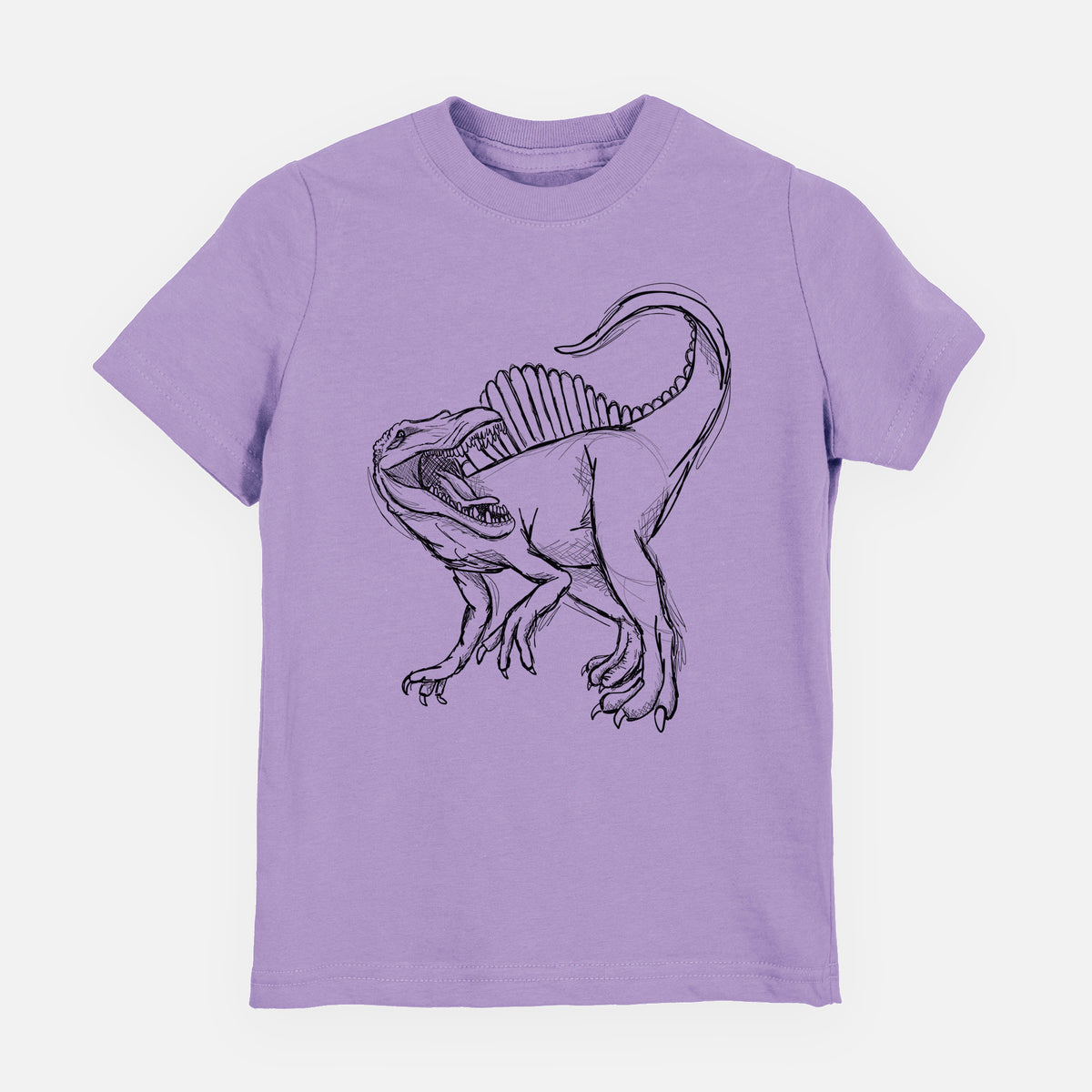 Lavender youth t-shirt laid flat, printed with a black ink illustration of a Spinosaurus with its tall sail-shaped back.