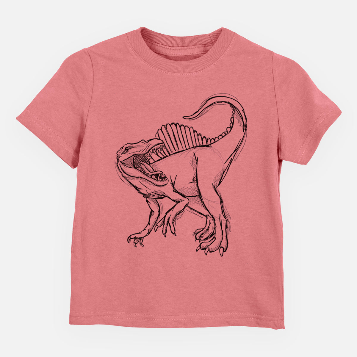 Mauve pink toddler t-shirt laid flat, printed with a black ink illustration of a Spinosaurus with its tall sail-shaped back.