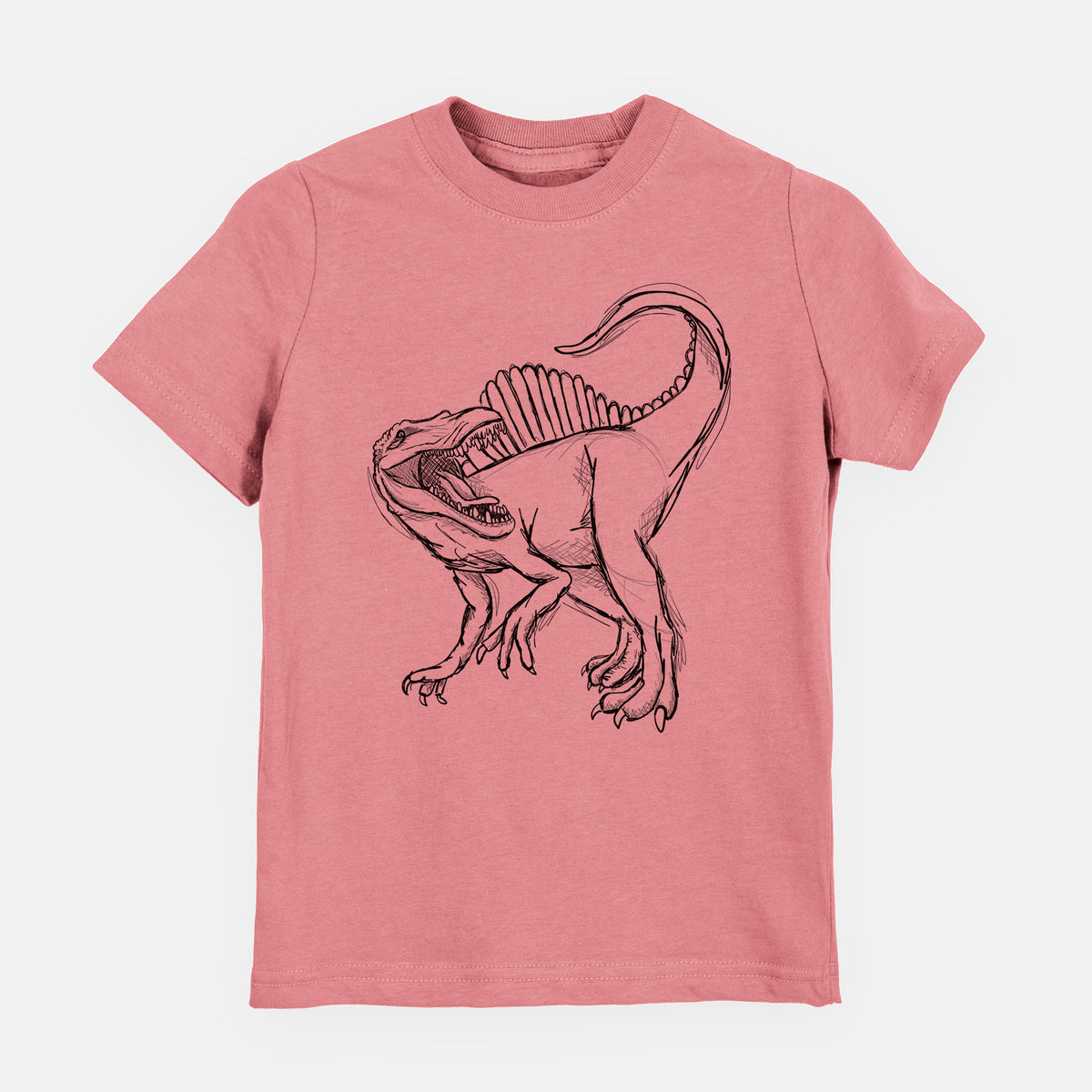 Mauve pink youth t-shirt laid flat, printed with a black ink illustration of a Spinosaurus with its tall sail-shaped back.