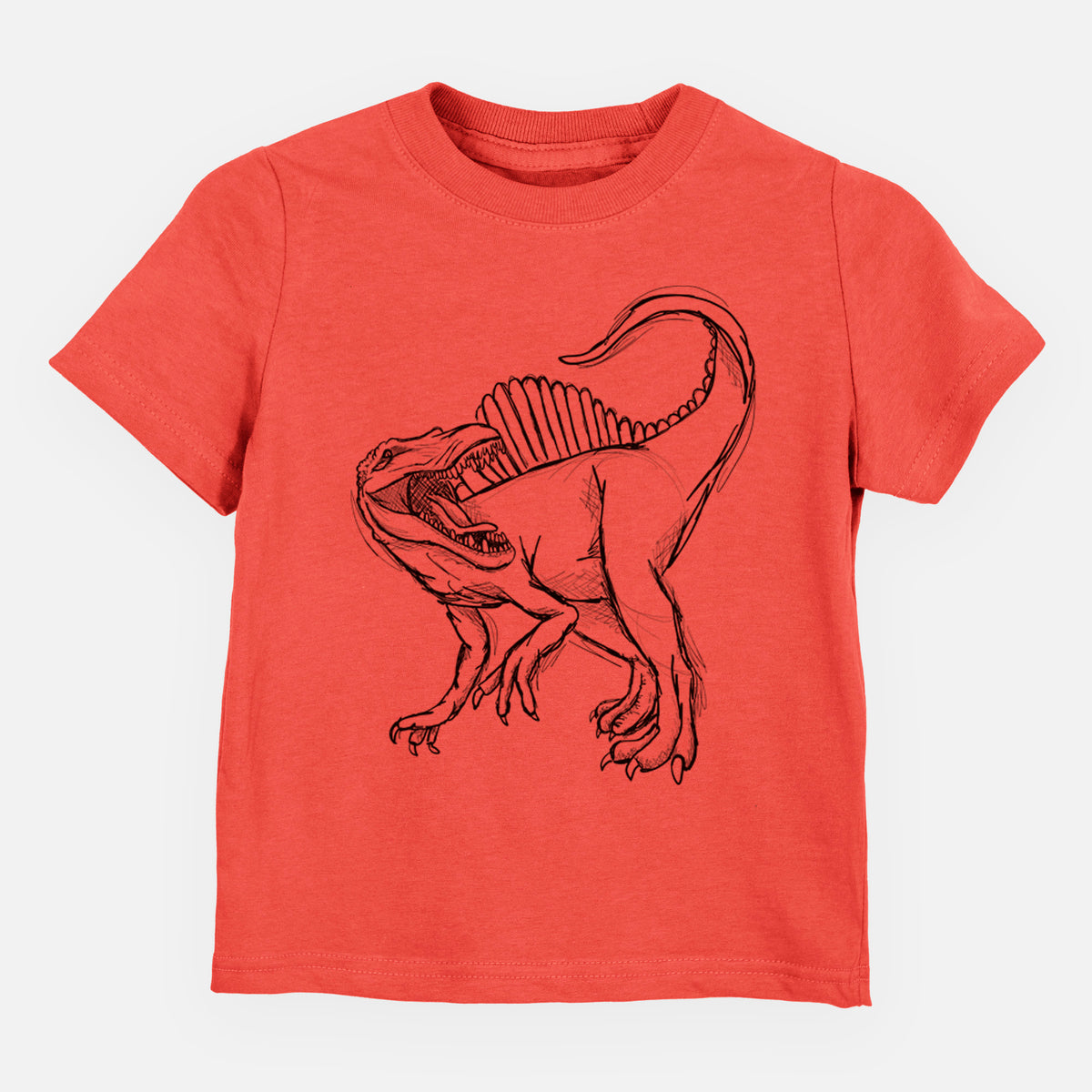Passionfruit pink toddler t-shirt laid flat, printed with a black ink illustration of a Spinosaurus with its tall sail-shaped back.