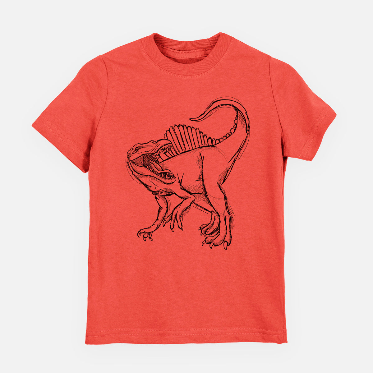 Passionfruit pink youth t-shirt laid flat, printed with a black ink illustration of a Spinosaurus with its tall sail-shaped back.