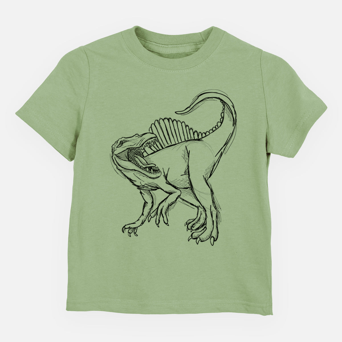 Sage green toddler t-shirt laid flat, printed with a black ink illustration of a Spinosaurus with its tall sail-shaped back.