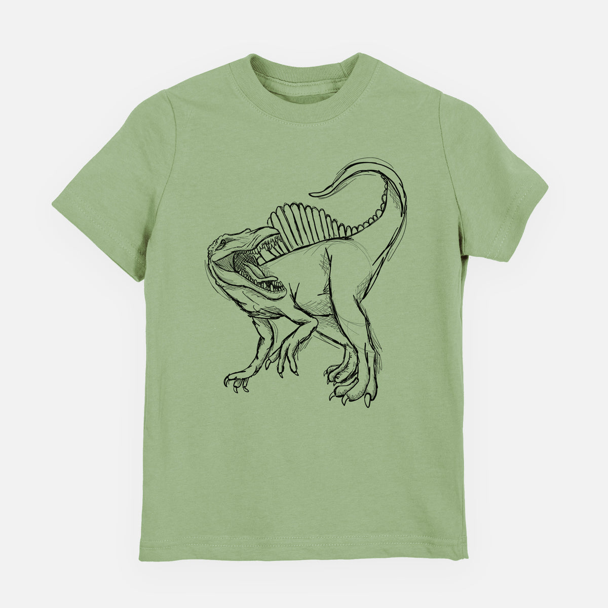 Sage green youth t-shirt laid flat, printed with a black ink illustration of a Spinosaurus with its tall sail-shaped back.