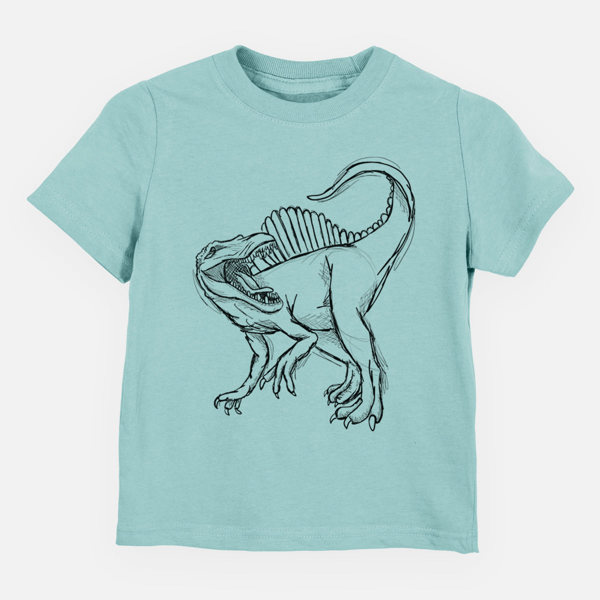 Saltwater toddler t-shirt laid flat, printed with a black ink illustration of a Spinosaurus with its tall sail-shaped back.