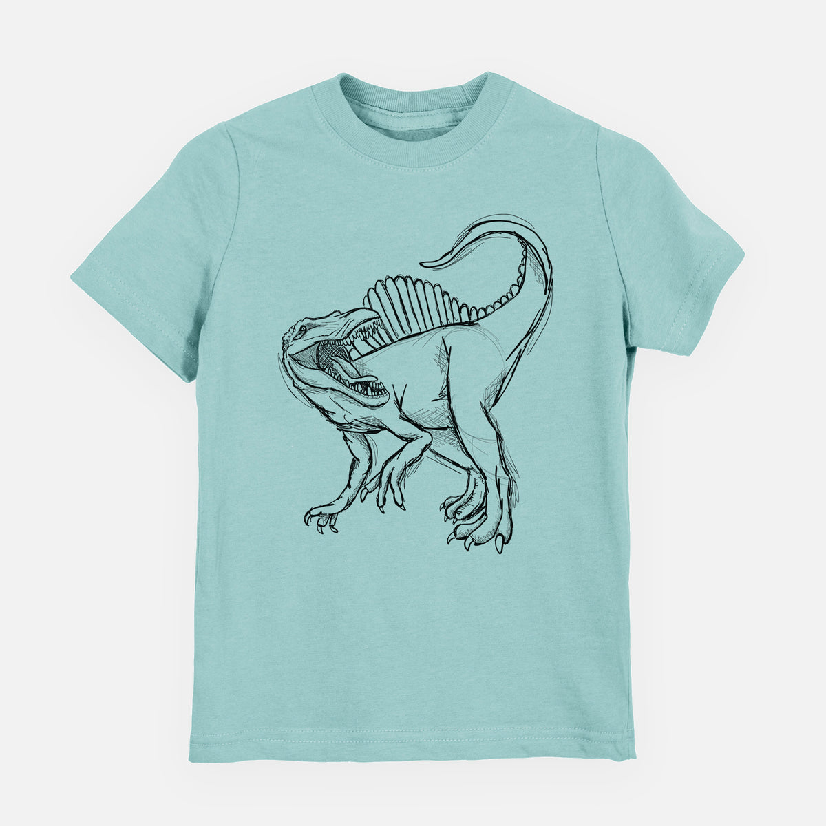 Saltwater youth t-shirt laid flat, printed with a black ink illustration of a Spinosaurus with its tall sail-shaped back.