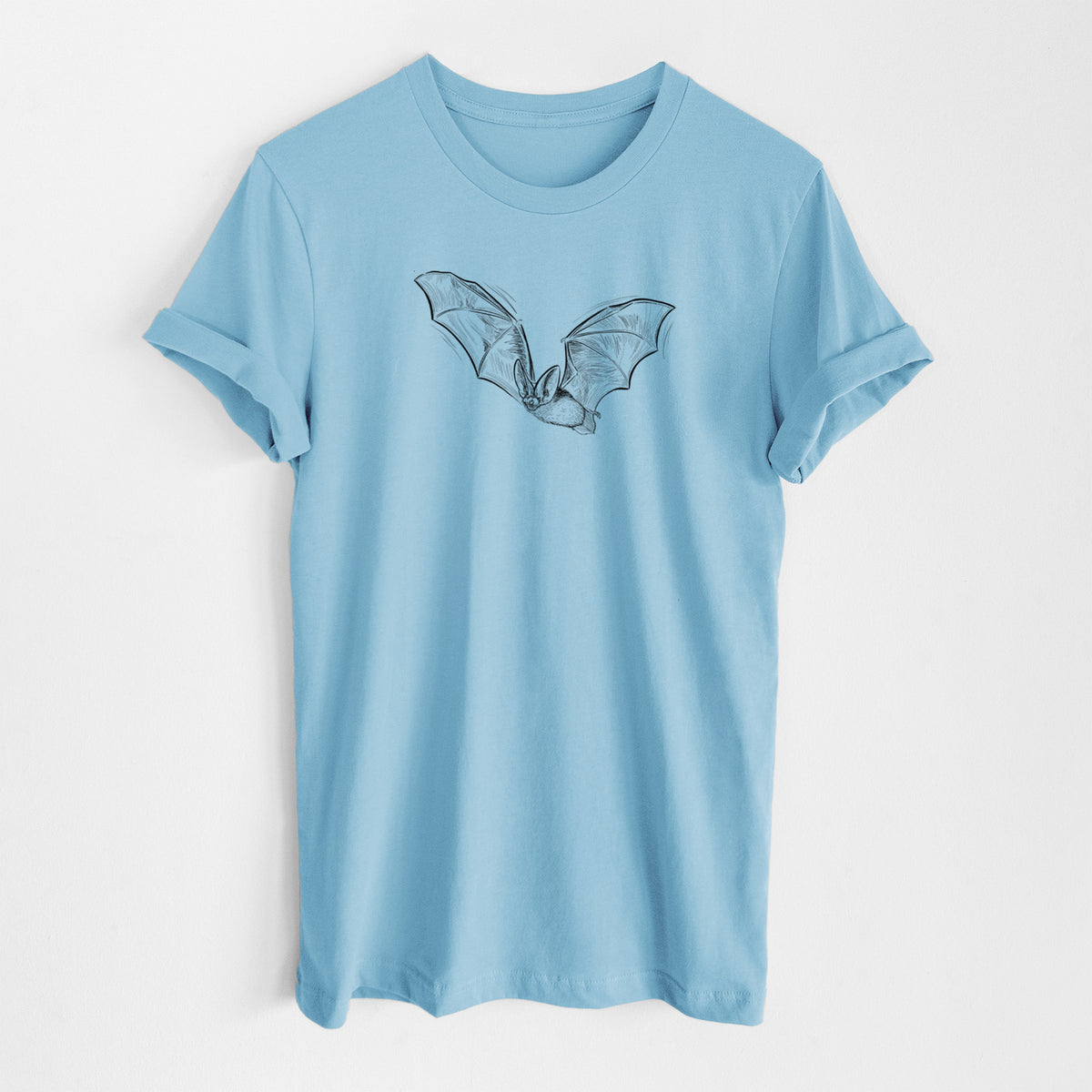 Ocean blue lightweight cotton t-shirt laid flat, printed with a black ink illustration of a spotted bat in flight with large ears.