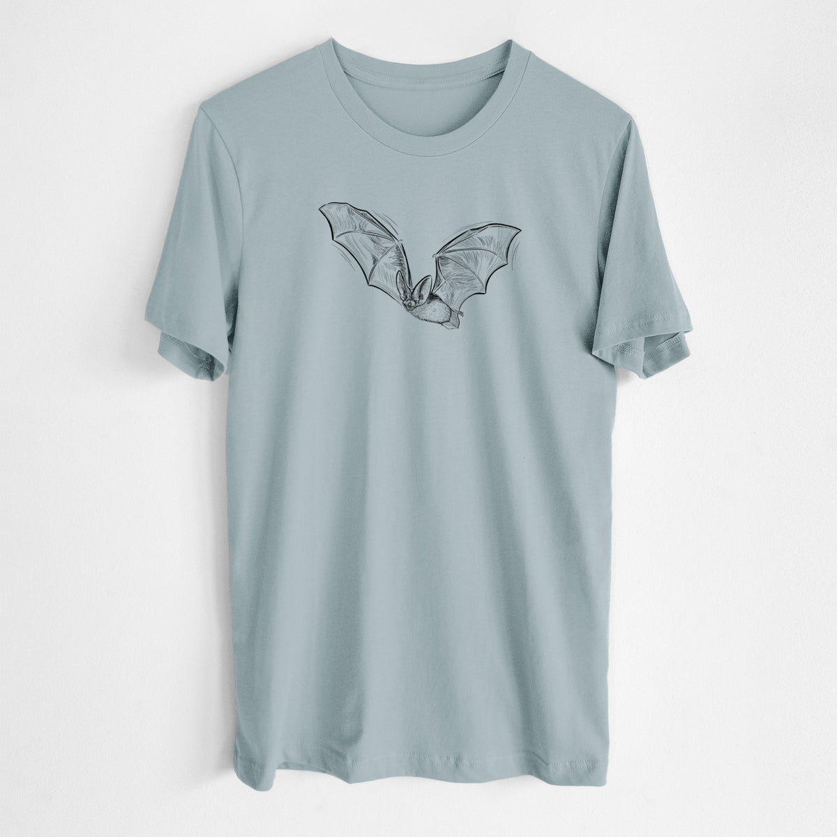 Vintage denim lightweight cotton t-shirt laid flat, printed with a black ink illustration of a spotted bat in flight with large ears.