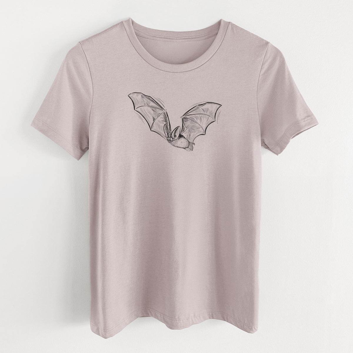 Pink gravel women's relaxed fit cotton t-shirt laid flat, printed with a black ink illustration of a spotted bat in flight with large ears.