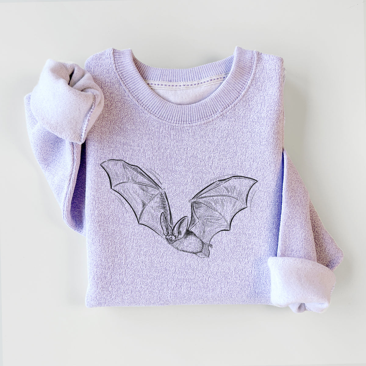Ice purple knit sweatshirt printed with a black ink illustration of a spotted bat in flight with large ears, styled flat.