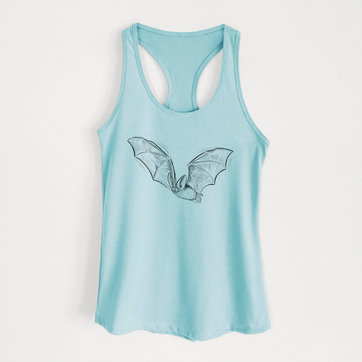 Cancun blue women's racerback tank top laid flat, printed with a black ink illustration of a spotted bat in flight with large ears.