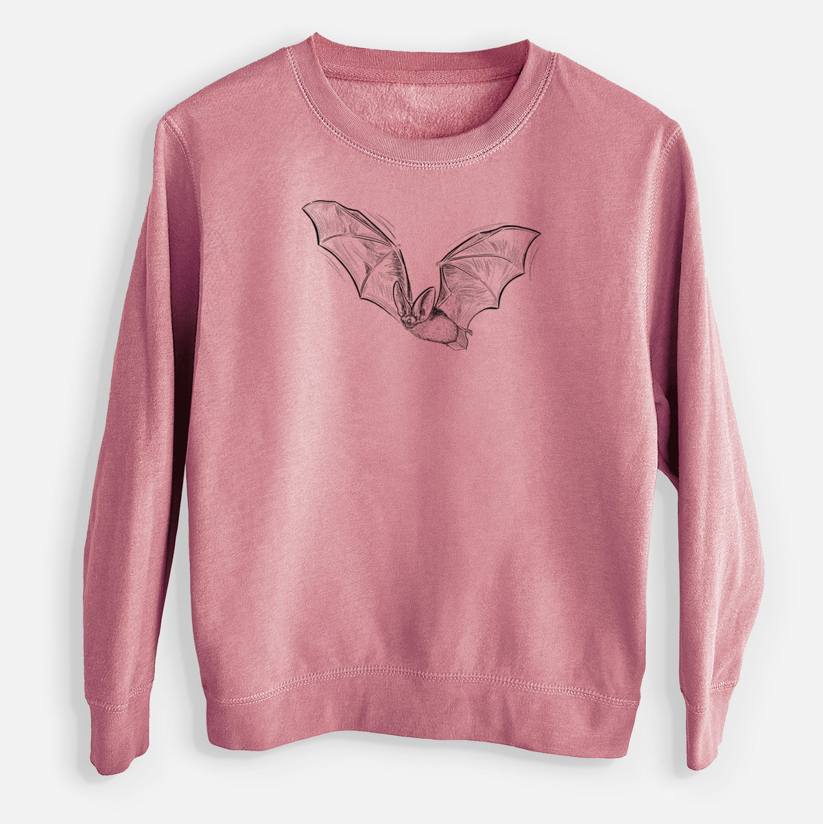 Mauve pink youth crewneck sweatshirt laid flat, printed with a black ink illustration of a spotted bat in flight with large ears.