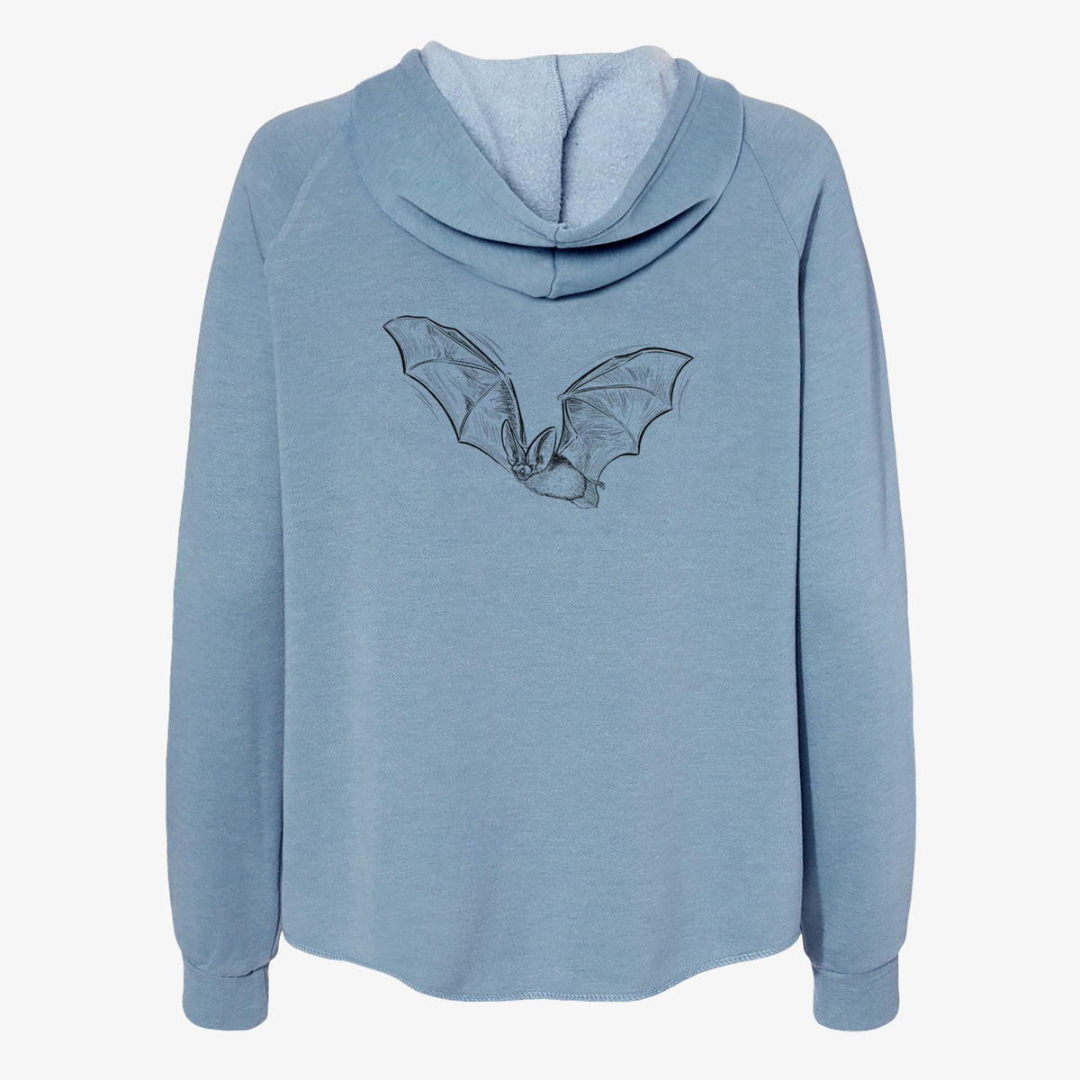 Misty blue women's Cali Wave zip-up sweatshirt laid flat, printed with a black ink illustration of a spotted bat in flight with large ears.