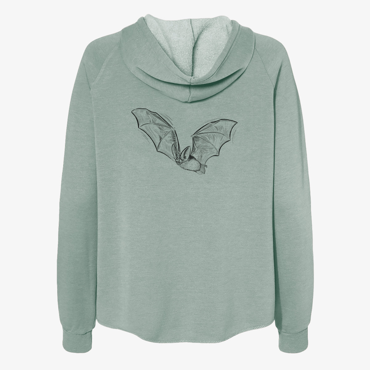 Sage green women's Cali Wave zip-up sweatshirt laid flat, printed with a black ink illustration of a spotted bat in flight with large ears.