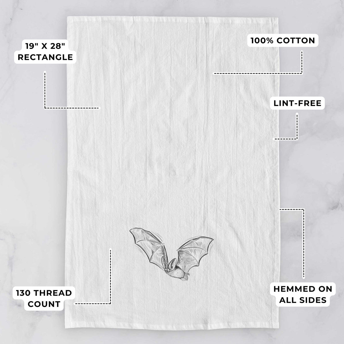 White tea towel printed with a black ink illustration of a spotted bat in flight with large ears, with feature labels: 19 by 28 inch rectangle, 100% cotton, lint-free, 130 thread count, hemmed on all sides.
