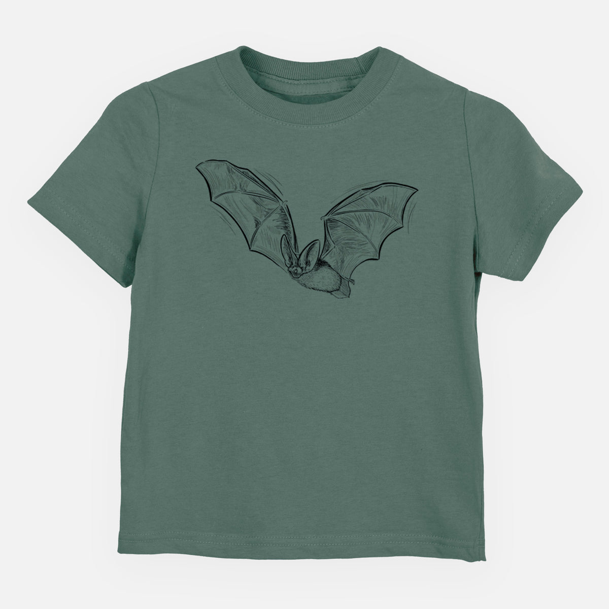 Basil green toddler t-shirt laid flat, printed with a black ink illustration of a spotted bat in flight with large ears.