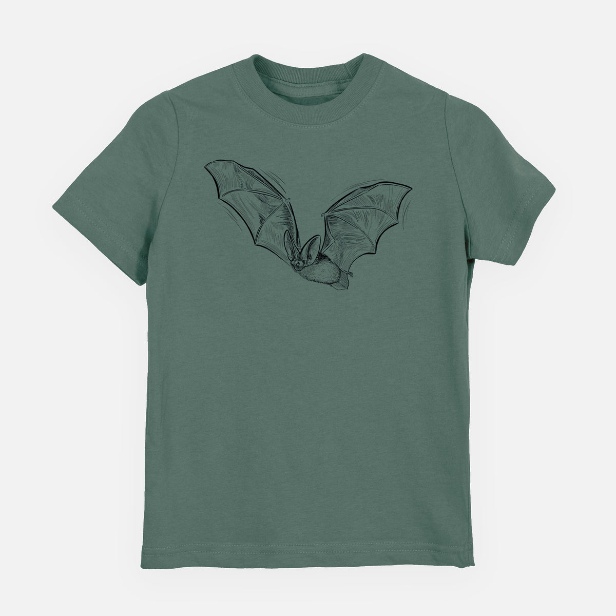 Basil green youth t-shirt laid flat, printed with a black ink illustration of a spotted bat in flight with large ears.