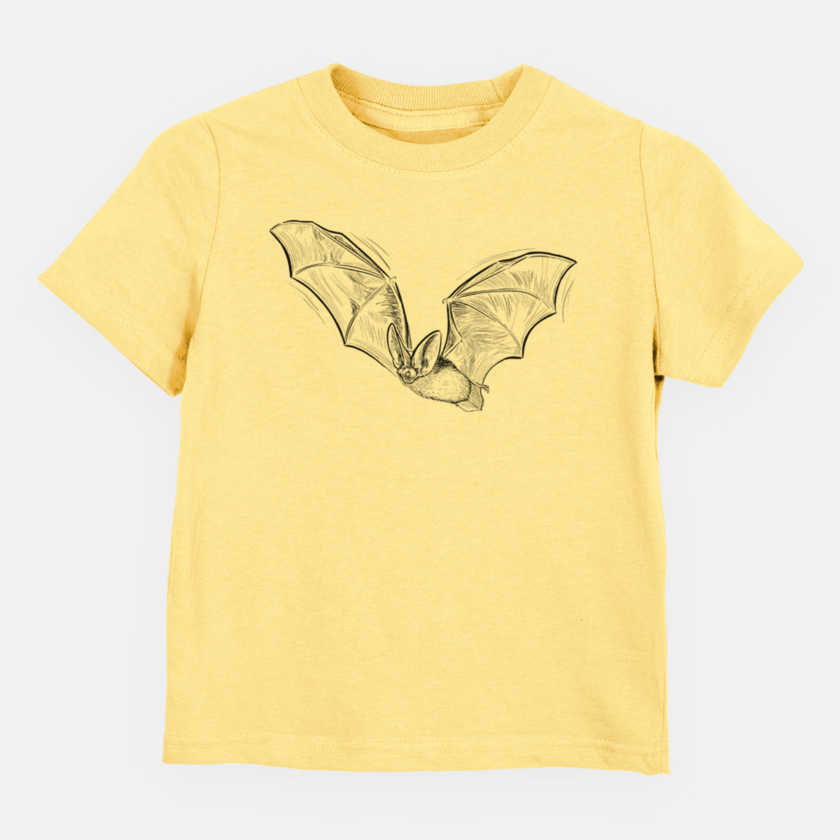 Butter yellow toddler t-shirt laid flat, printed with a black ink illustration of a spotted bat in flight with large ears.