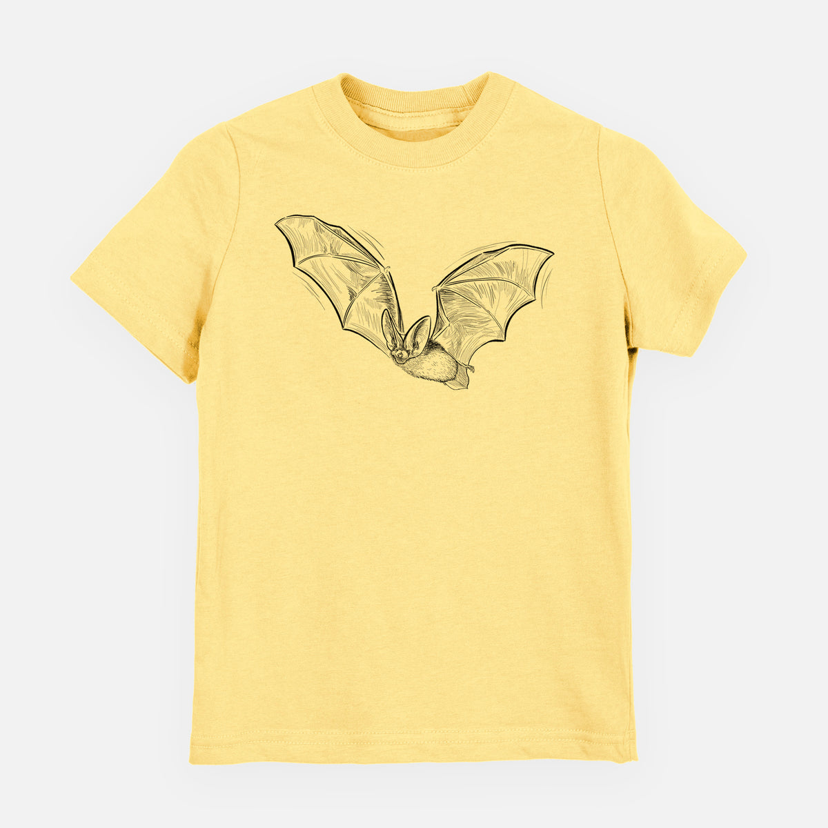 Butter yellow youth t-shirt laid flat, printed with a black ink illustration of a spotted bat in flight with large ears.
