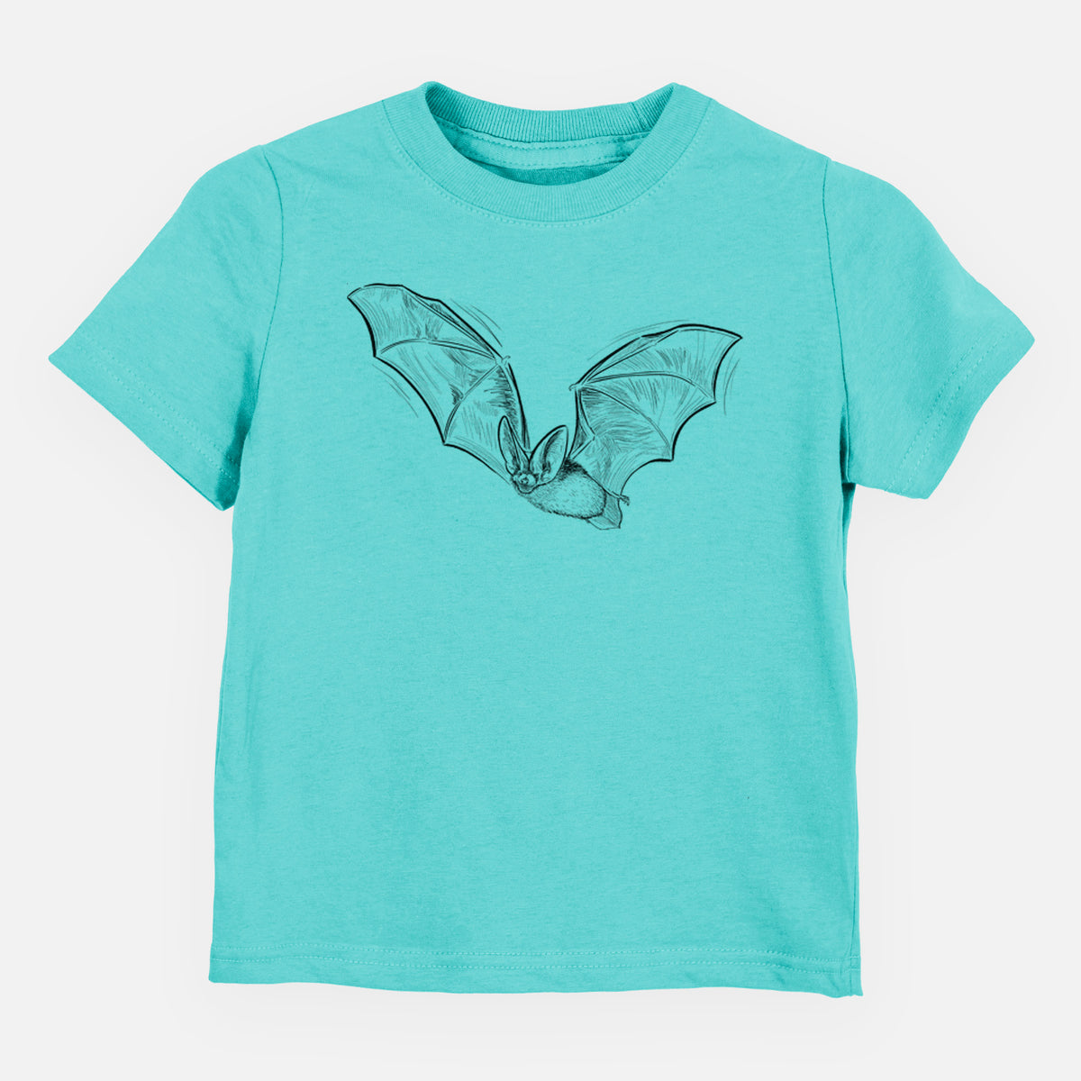Caribbean blue toddler t-shirt laid flat, printed with a black ink illustration of a spotted bat in flight with large ears.
