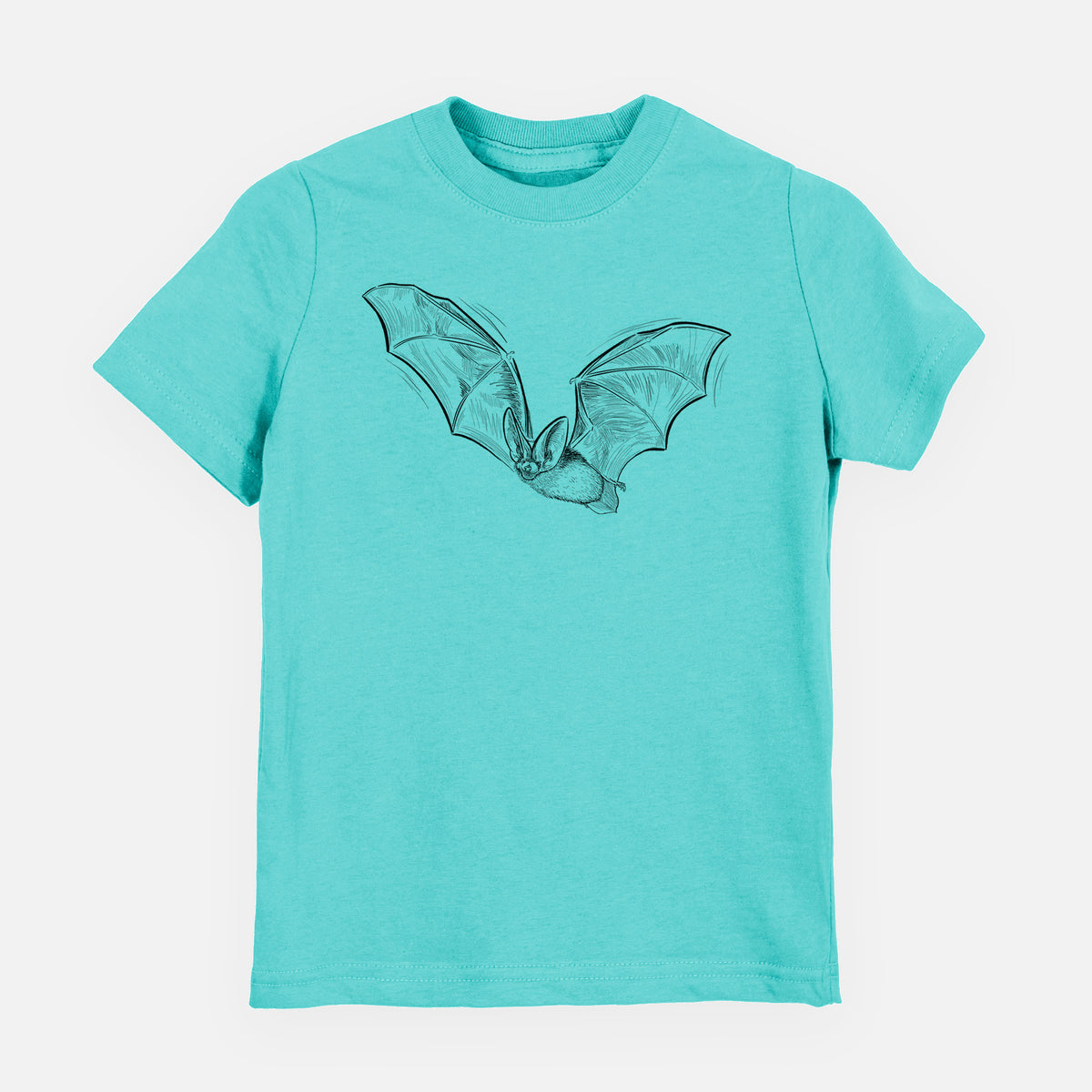 Caribbean blue youth t-shirt laid flat, printed with a black ink illustration of a spotted bat in flight with large ears.