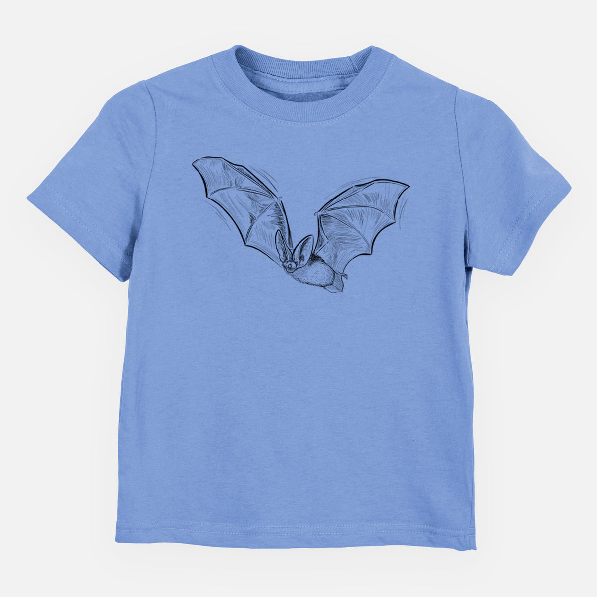 Carolina blue toddler t-shirt laid flat, printed with a black ink illustration of a spotted bat in flight with large ears.