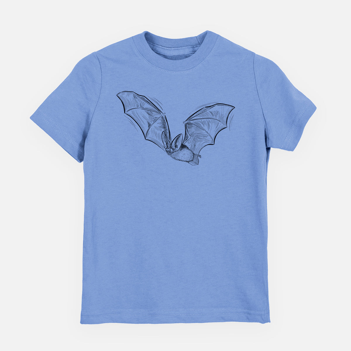 Carolina blue youth t-shirt laid flat, printed with a black ink illustration of a spotted bat in flight with large ears.