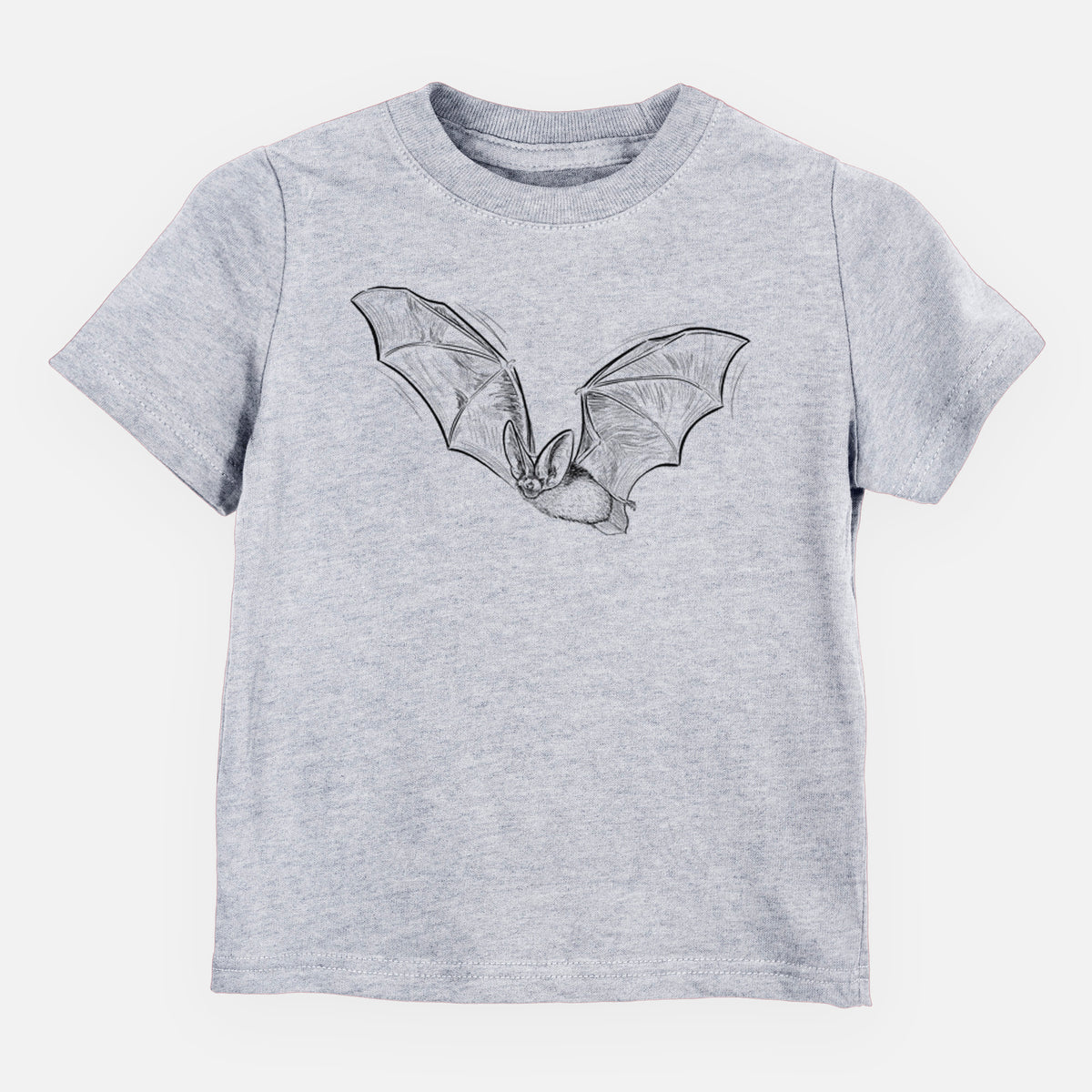 Heather grey toddler t-shirt laid flat, printed with a black ink illustration of a spotted bat in flight with large ears.