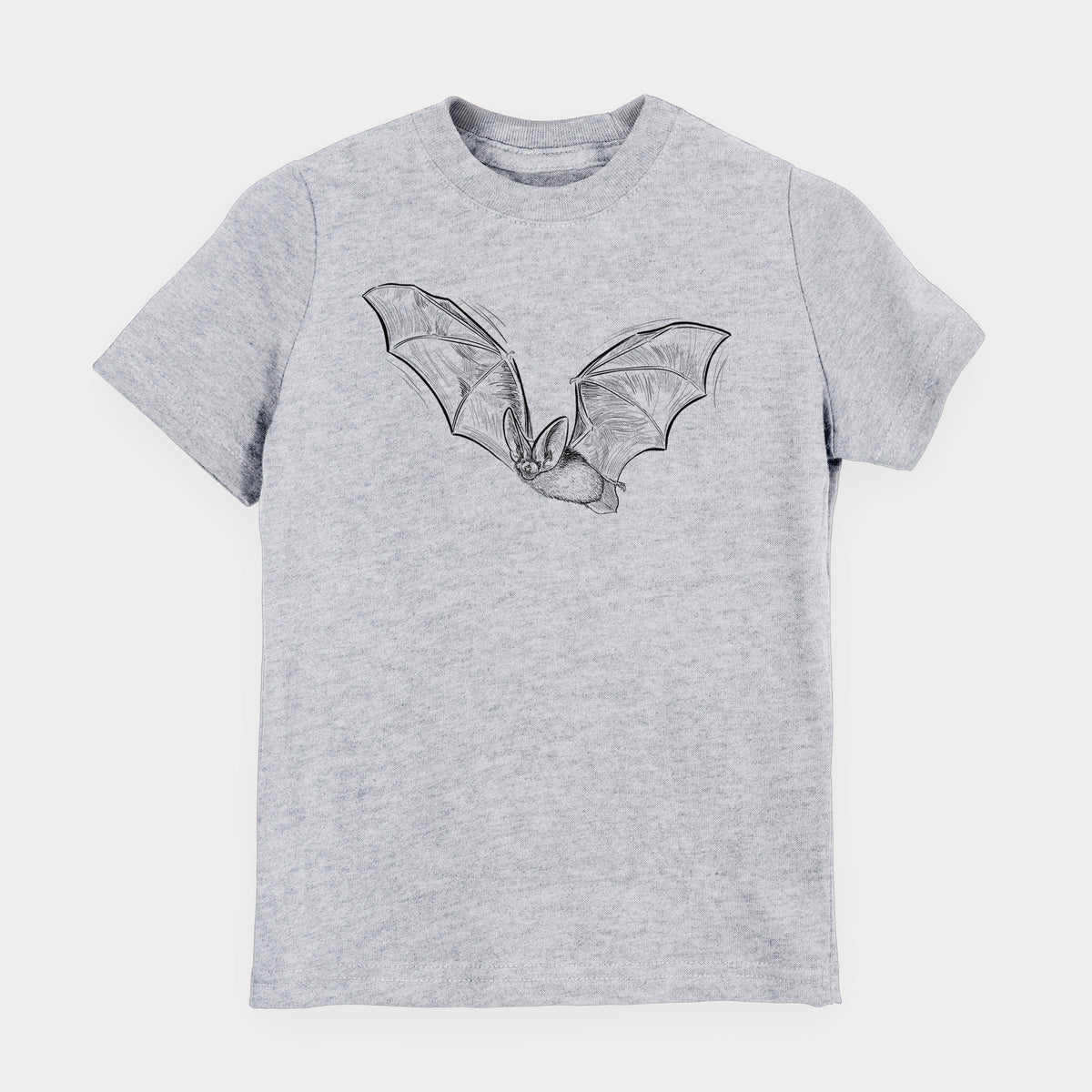 Heather grey youth t-shirt laid flat, printed with a black ink illustration of a spotted bat in flight with large ears.