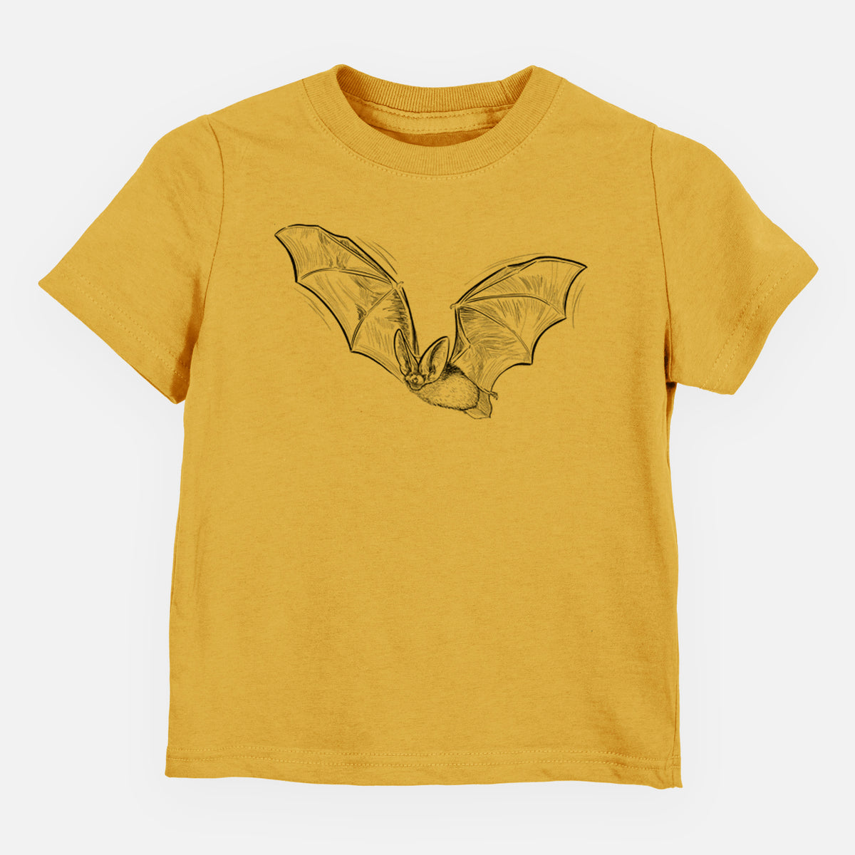 Honeycomb yellow toddler t-shirt laid flat, printed with a black ink illustration of a spotted bat in flight with large ears.