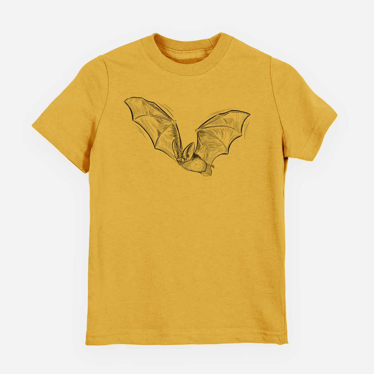 Honeycomb yellow youth t-shirt laid flat, printed with a black ink illustration of a spotted bat in flight with large ears.