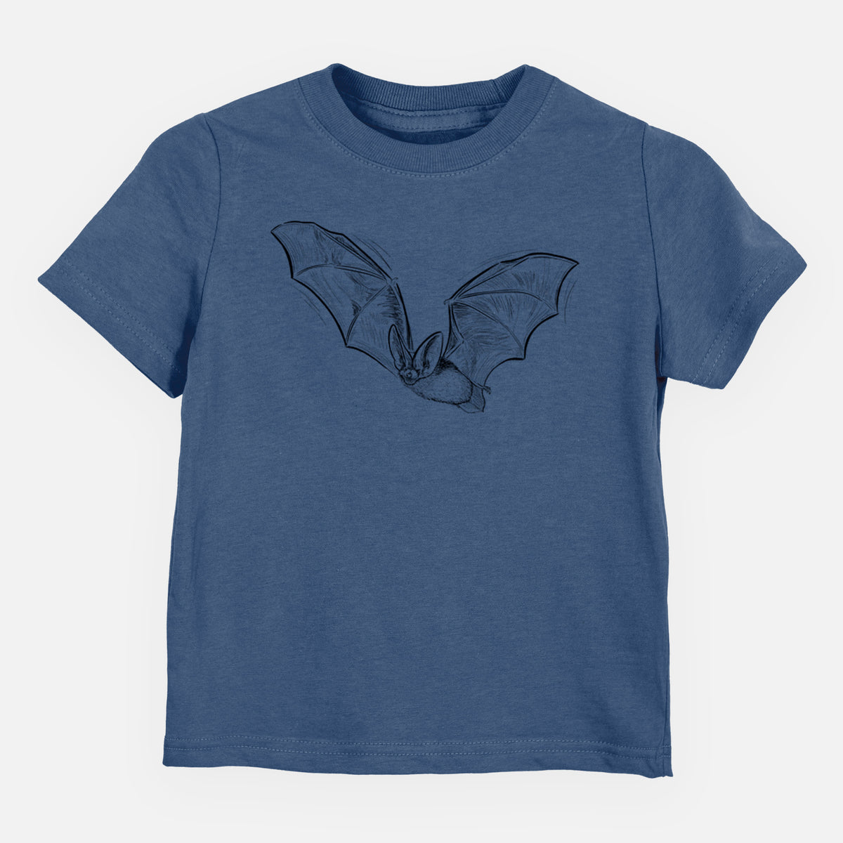 Indigo blue toddler t-shirt laid flat, printed with a black ink illustration of a spotted bat in flight with large ears.