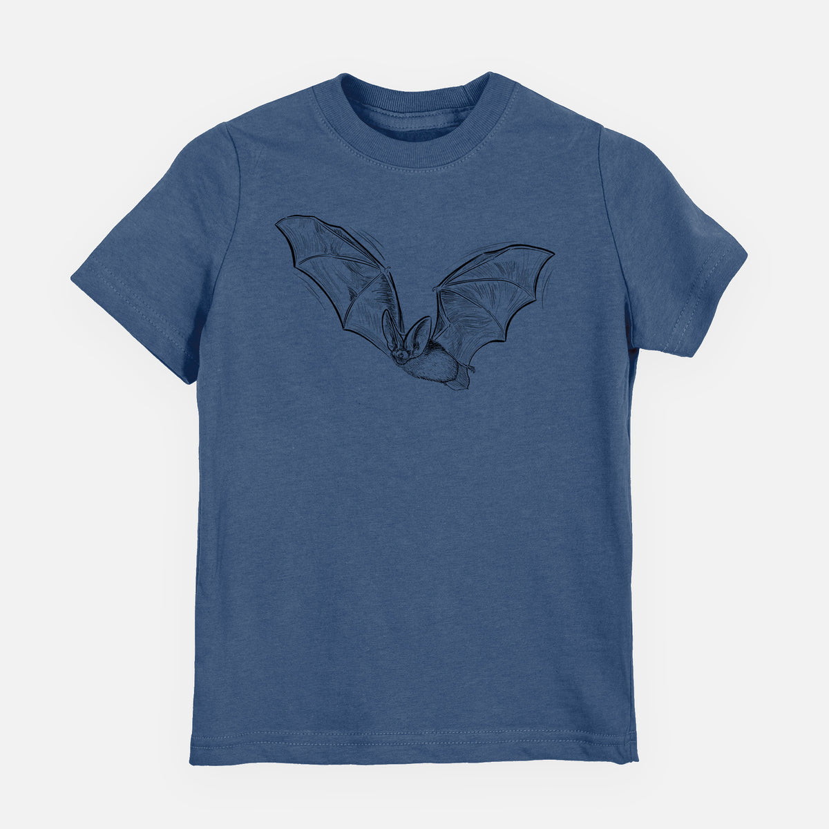Indigo blue youth t-shirt laid flat, printed with a black ink illustration of a spotted bat in flight with large ears.