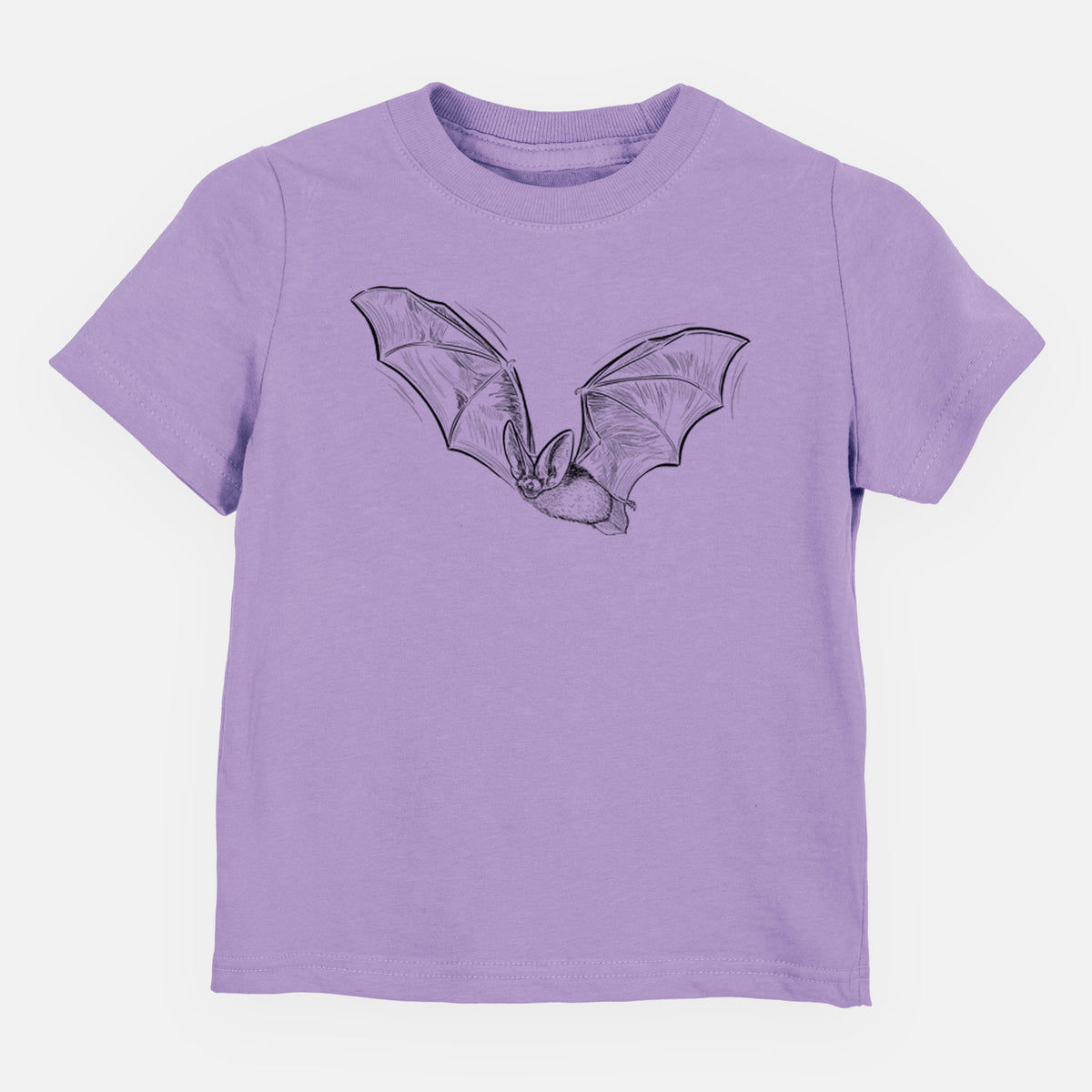 Lavender toddler t-shirt laid flat, printed with a black ink illustration of a spotted bat in flight with large ears.