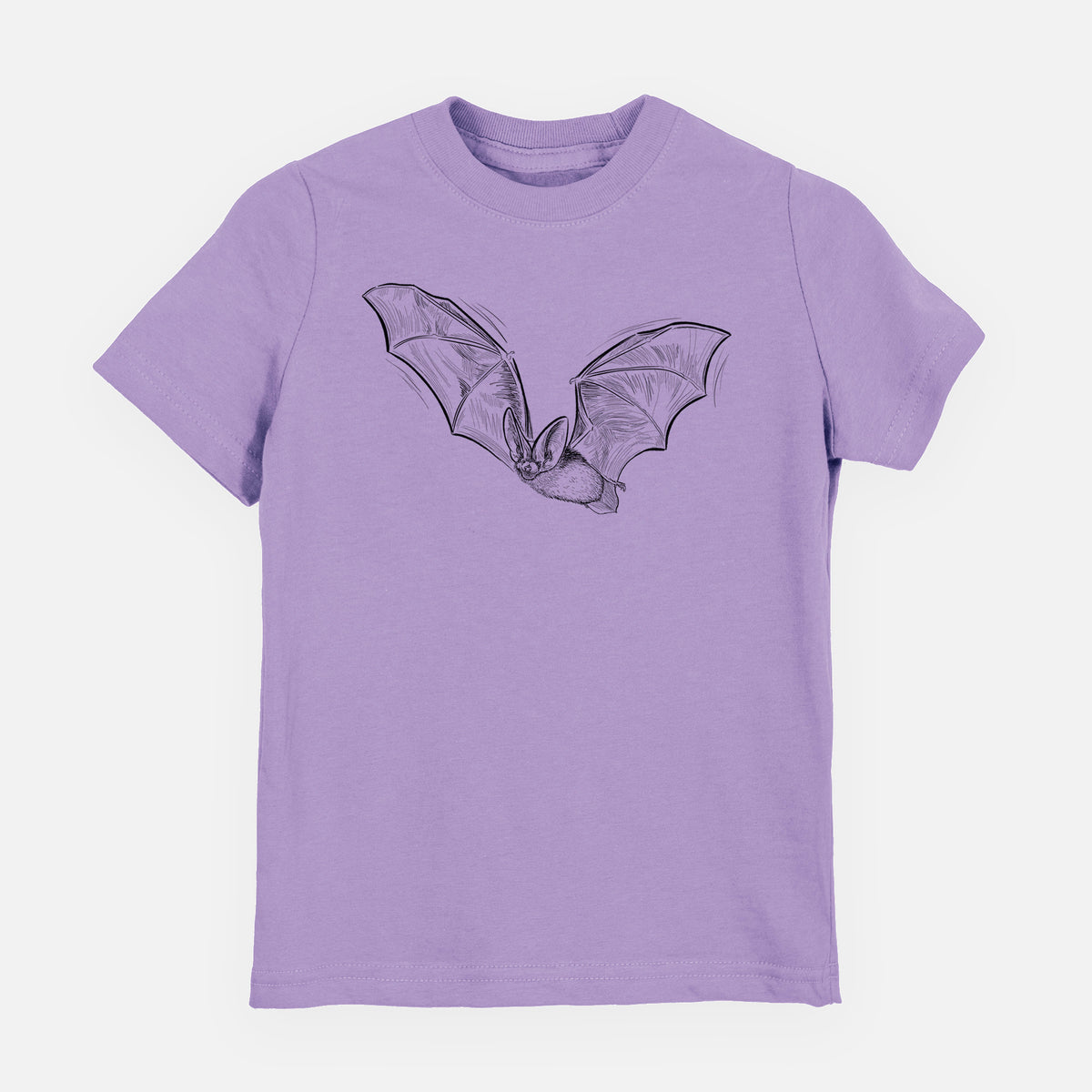 Lavender youth t-shirt laid flat, printed with a black ink illustration of a spotted bat in flight with large ears.