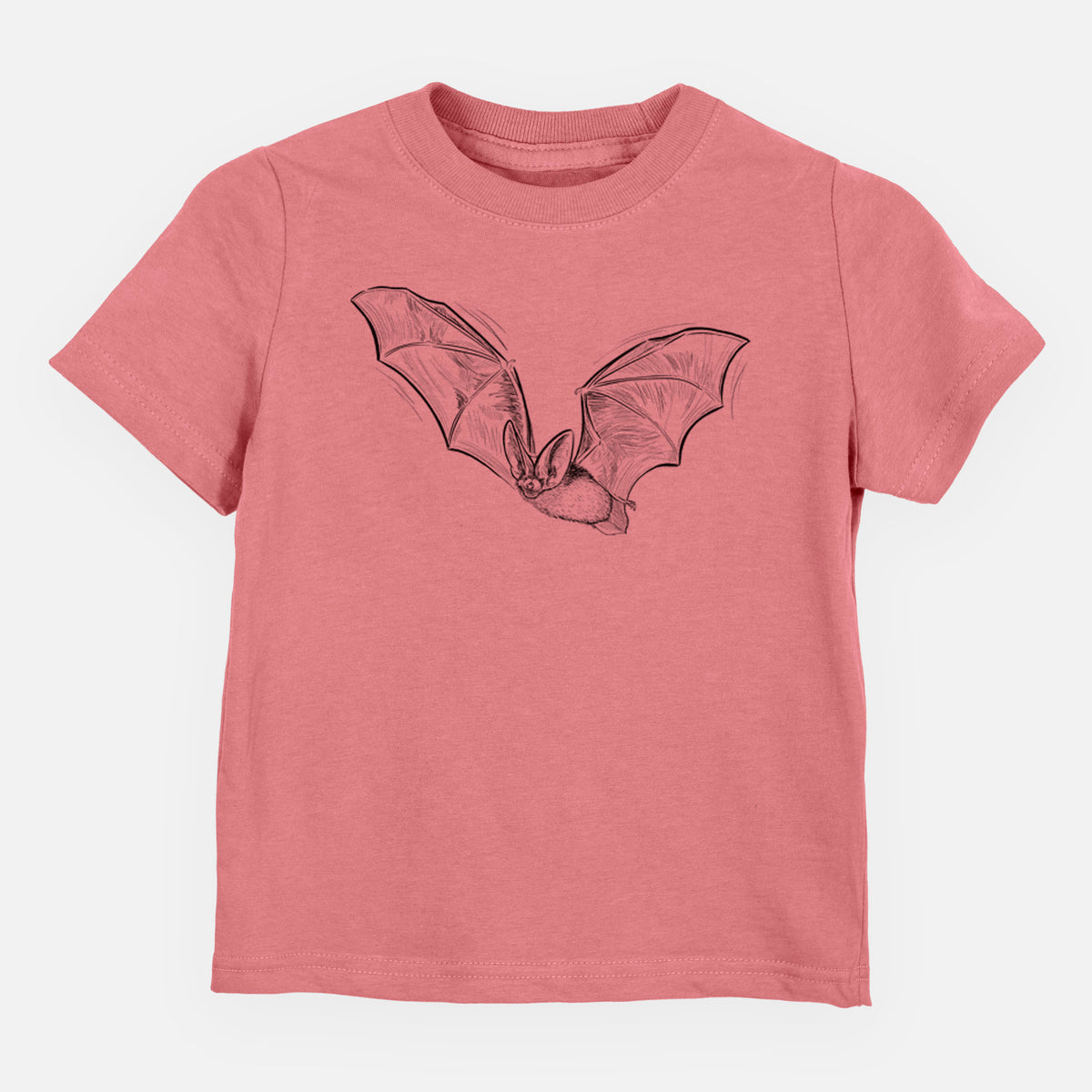 Mauve pink toddler t-shirt laid flat, printed with a black ink illustration of a spotted bat in flight with large ears.