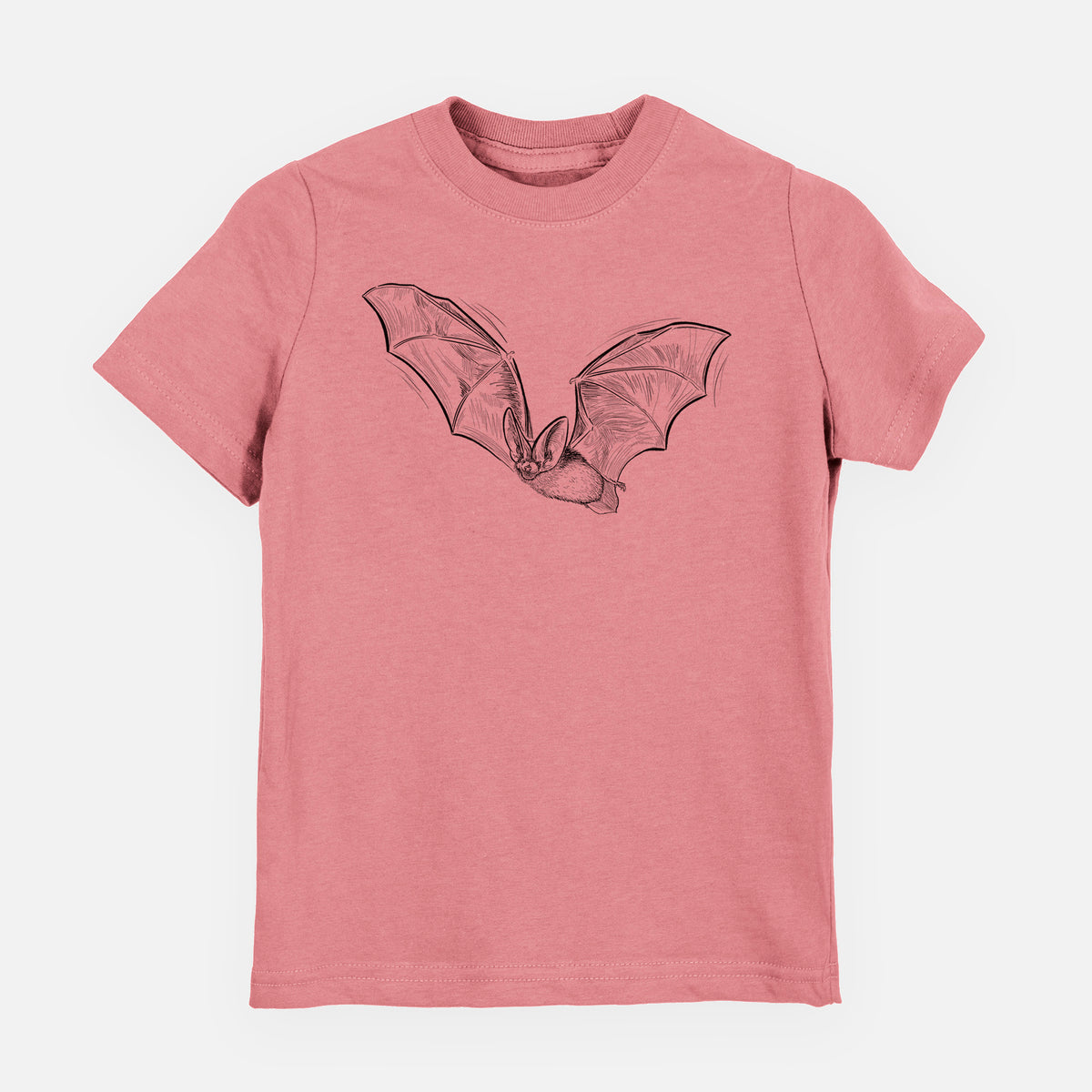 Mauve pink youth t-shirt laid flat, printed with a black ink illustration of a spotted bat in flight with large ears.