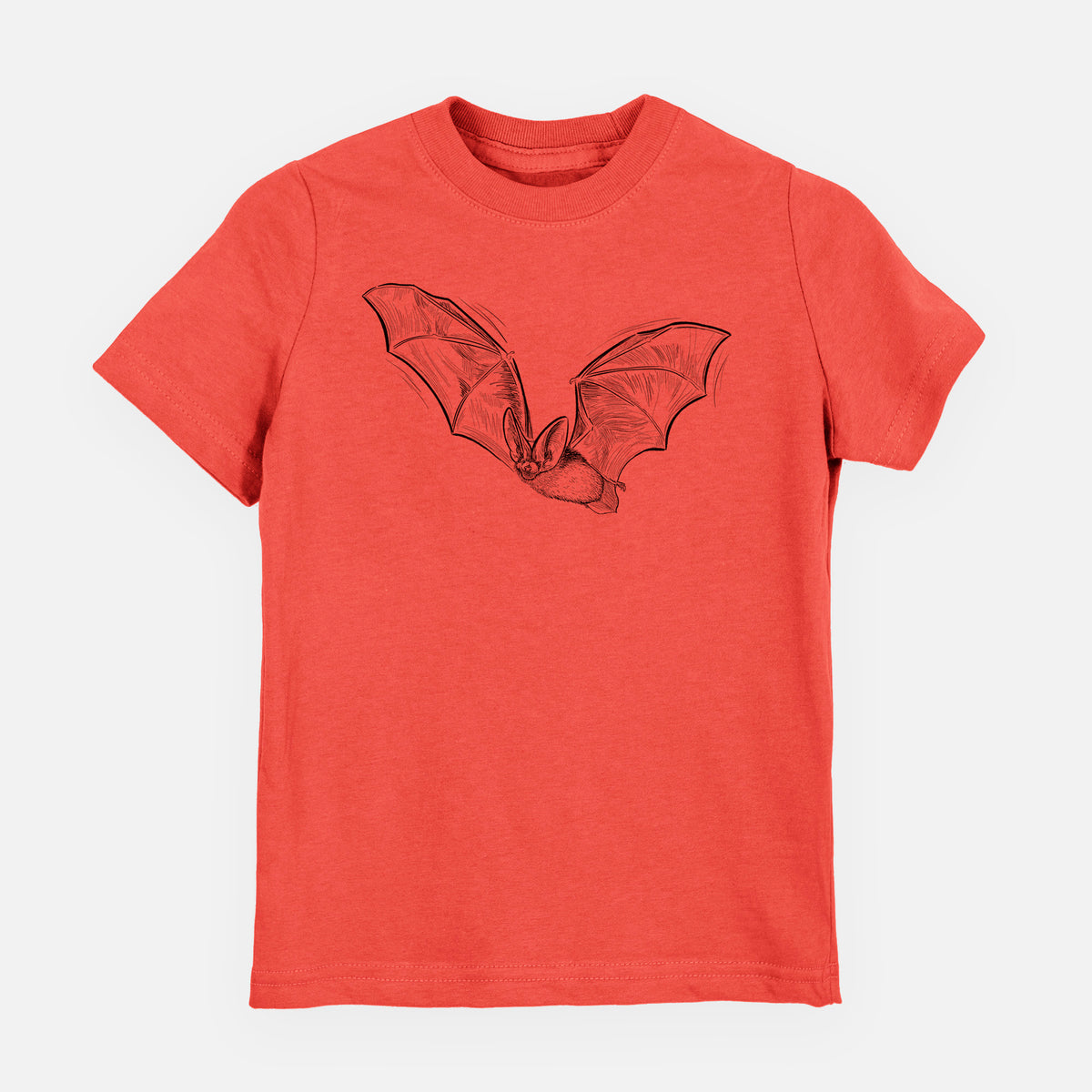 Passionfruit pink youth t-shirt laid flat, printed with a black ink illustration of a spotted bat in flight with large ears.