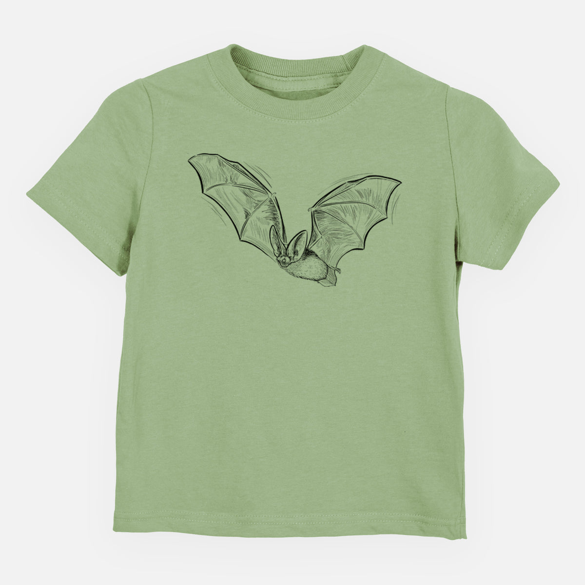 Sage green toddler t-shirt laid flat, printed with a black ink illustration of a spotted bat in flight with large ears.