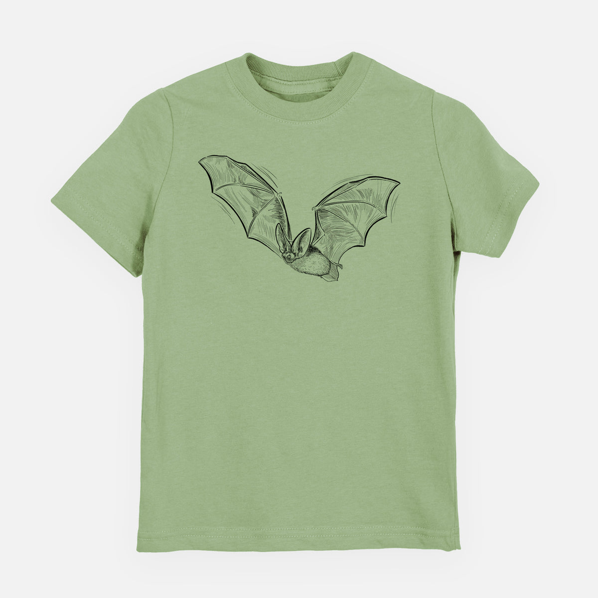 Sage green youth t-shirt laid flat, printed with a black ink illustration of a spotted bat in flight with large ears.