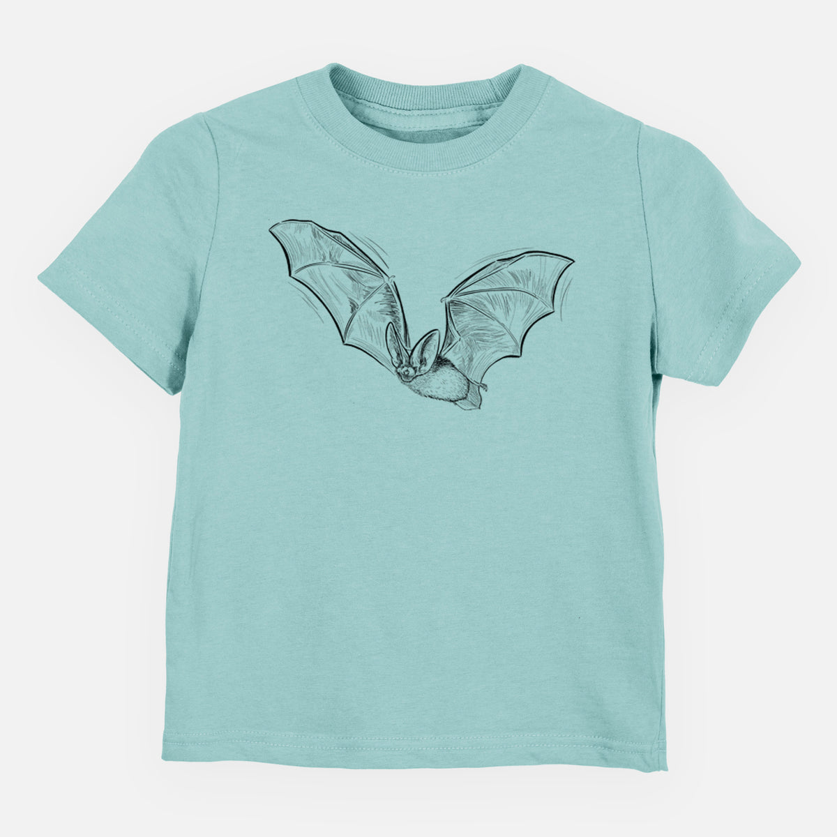 Saltwater toddler t-shirt laid flat, printed with a black ink illustration of a spotted bat in flight with large ears.
