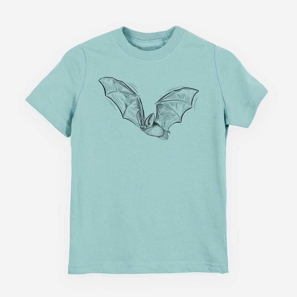 Saltwater youth t-shirt laid flat, printed with a black ink illustration of a spotted bat in flight with large ears.