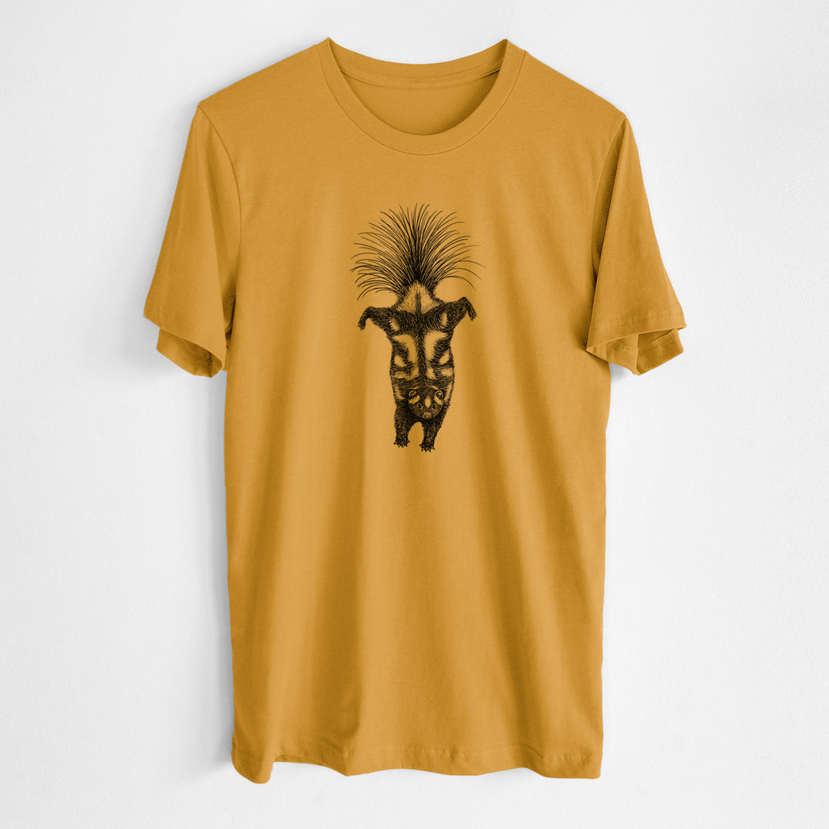 Honeycomb yellow lightweight cotton t-shirt laid flat, printed with a black ink illustration of a spotted skunk doing a handstand with its tail fanned.