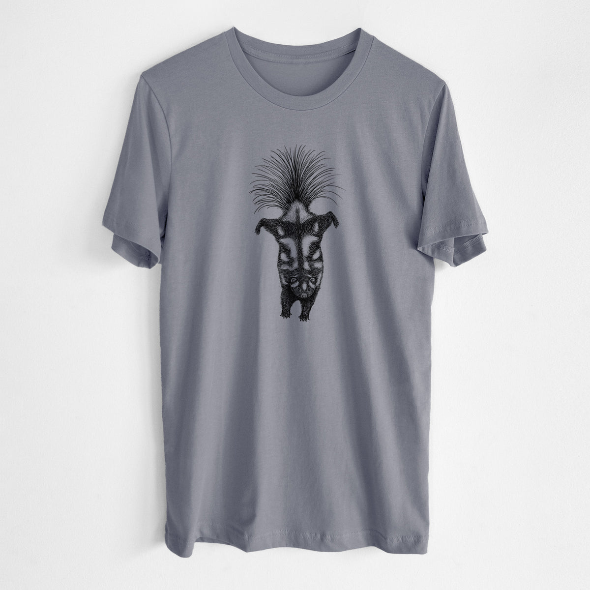 Storm grey lightweight cotton t-shirt laid flat, printed with a black ink illustration of a spotted skunk doing a handstand with its tail fanned.