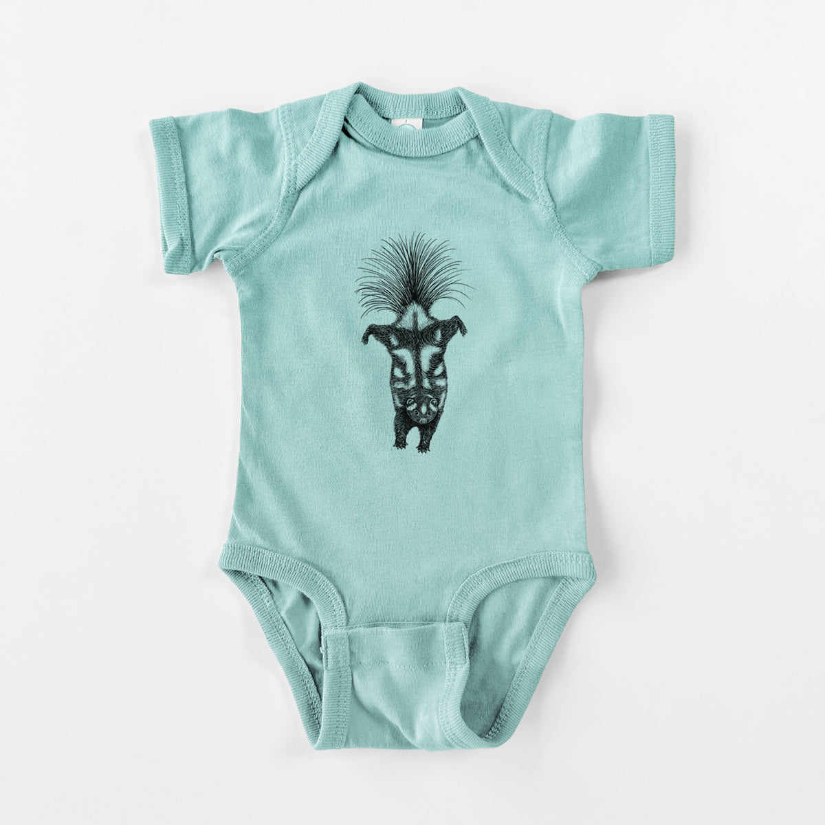 Saltwater baby bodysuit laid flat, printed with a black ink illustration of a spotted skunk doing a handstand with its tail fanned.