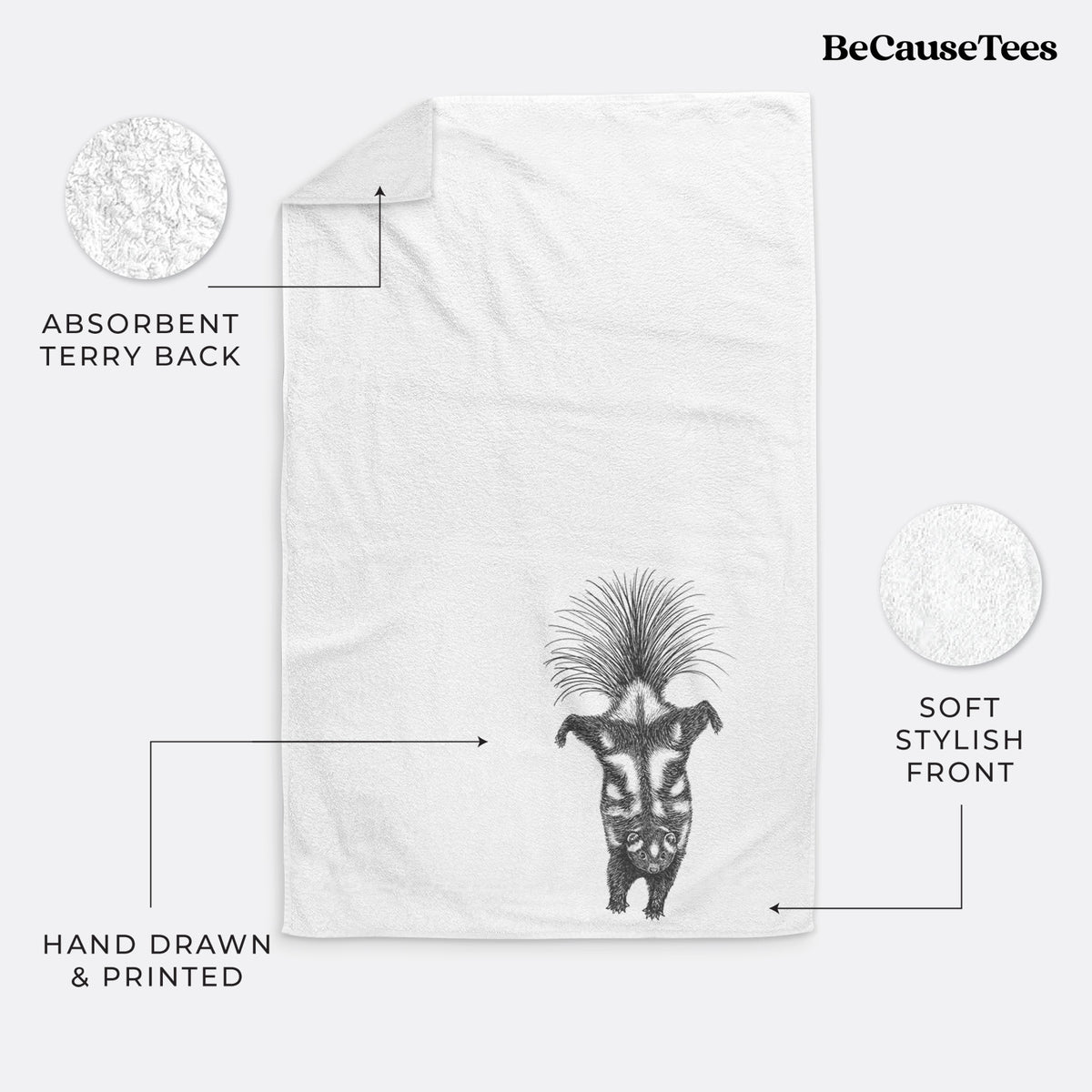 White hand towel printed with a black ink illustration of a spotted skunk doing a handstand with its tail fanned.