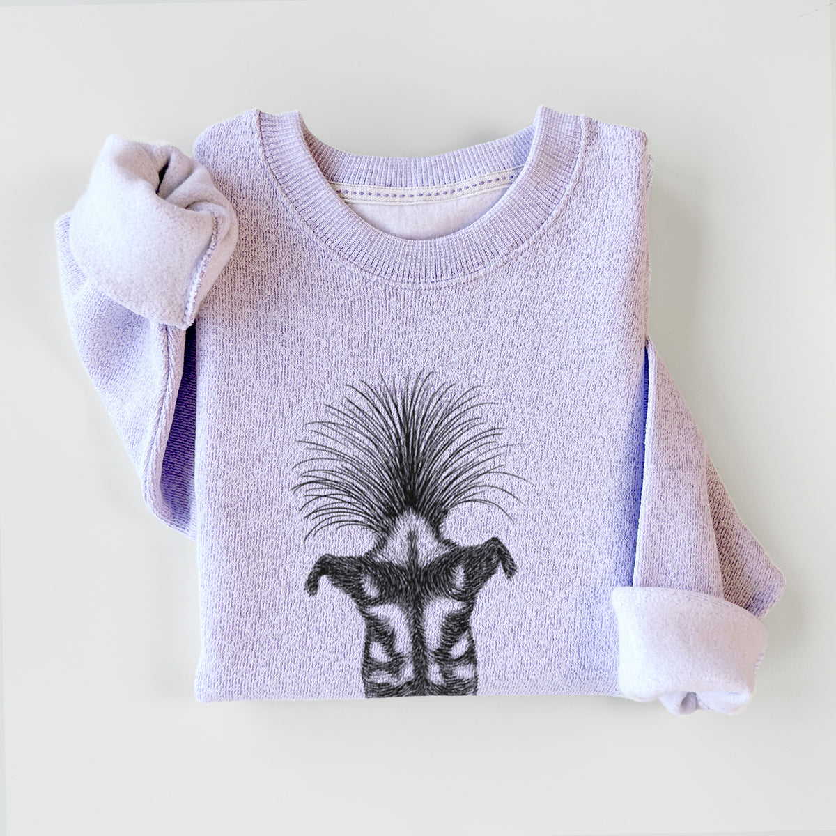 Ice purple knit sweatshirt printed with a black ink illustration of a spotted skunk doing a handstand with its tail fanned, styled flat.