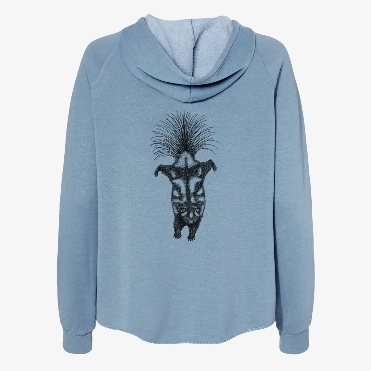 Misty blue women's Cali Wave zip-up sweatshirt laid flat, printed with a black ink illustration of a spotted skunk doing a handstand with its tail fanned.