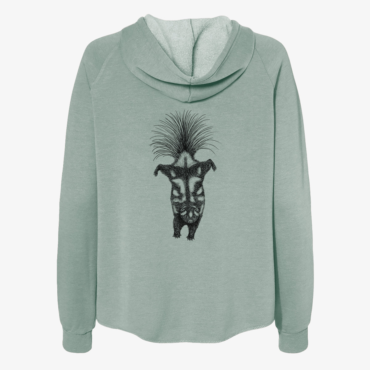 Sage green women's Cali Wave zip-up sweatshirt laid flat, printed with a black ink illustration of a spotted skunk doing a handstand with its tail fanned.