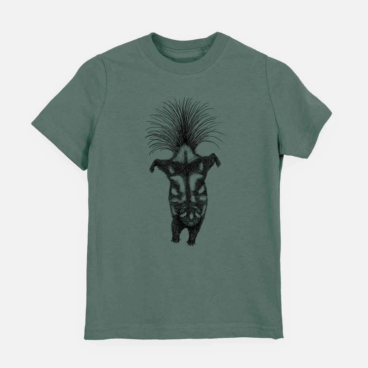 Basil green youth t-shirt laid flat, printed with a black ink illustration of a spotted skunk doing a handstand with its tail fanned.