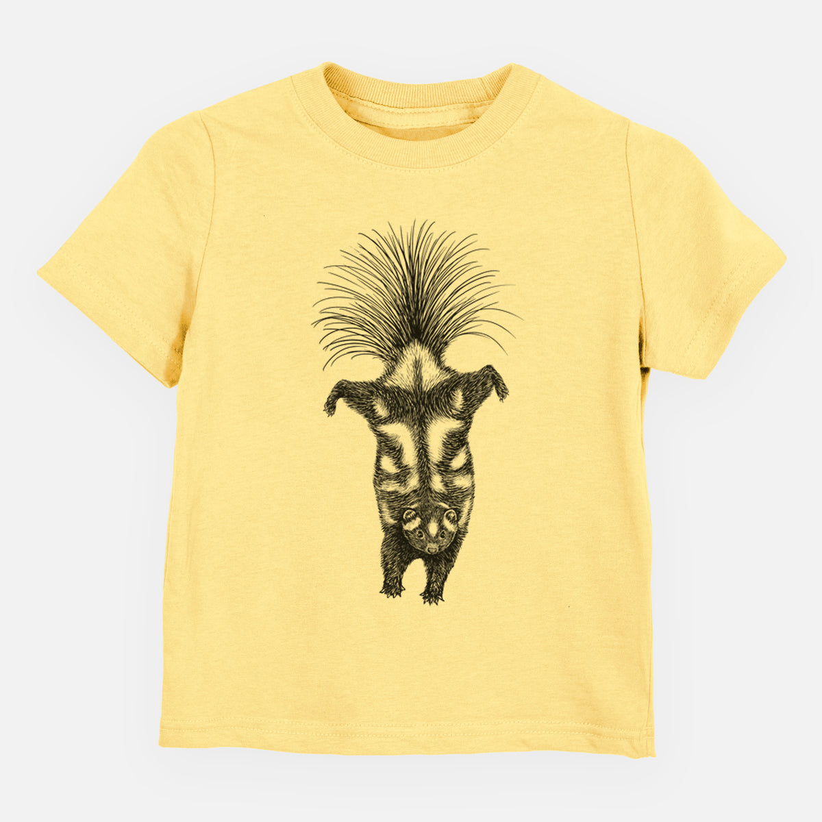 Butter yellow toddler t-shirt laid flat, printed with a black ink illustration of a spotted skunk doing a handstand with its tail fanned.